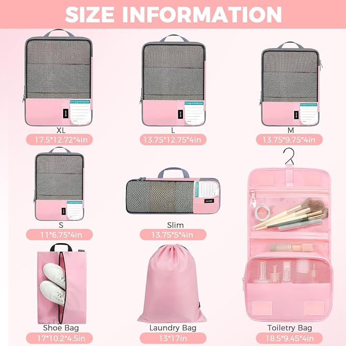 BAGAIL 4/6 Set/8 Set Compression Packing Cubes Travel Accessories Expandable Packing Organizers(HalfMesh, 8-Pink) - Image 2