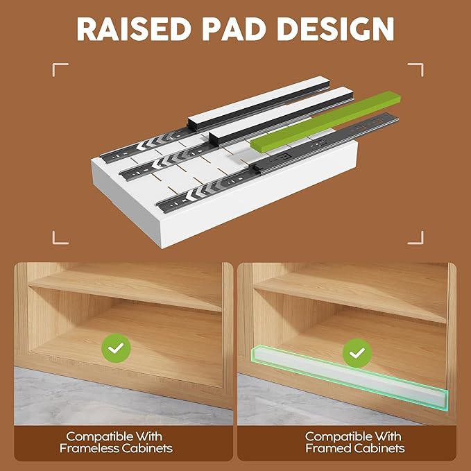 Seinloes 2 Pack Expandable Pull Out Cabinet Organizer 21" Deep with Raising Pad for Framed Cabinets,Upgrade 3 Slide Rails Slide Out Drawers,Roll Out Shelves Adhesive,Adjustable Width 9"-14.1" White - Image 2