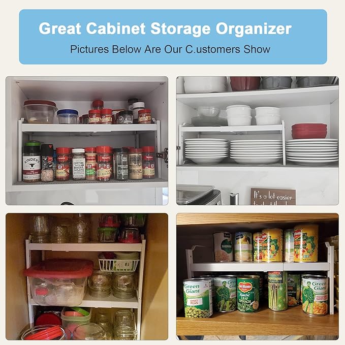 Set of 2 Expandable Kitchen Cabinet Shelves Organizers, Stackable Adjustable Small Storage Shelf Rack Stand For Pantry Cabinet Cupboard Kitchen Counter Organization, 22 lbs Capacity, Length:20.5" - Image 8