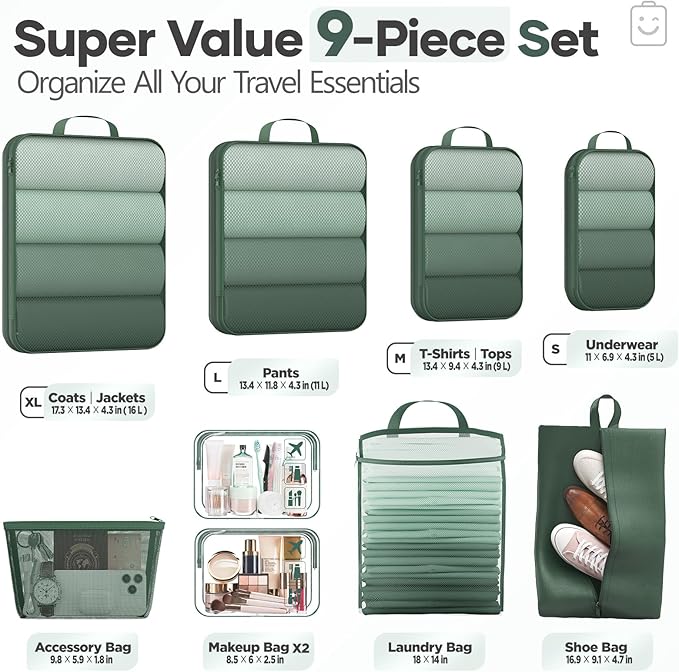Veken 9/11 Set Compression Packing Cubes Garment Bags for Travel Essentials,Compressible Expandable Luggage Organizer Bags for Clothing,Space Saver Bags with Over 1000 pcs of Mesh Holes(Dark Green) - Image 2