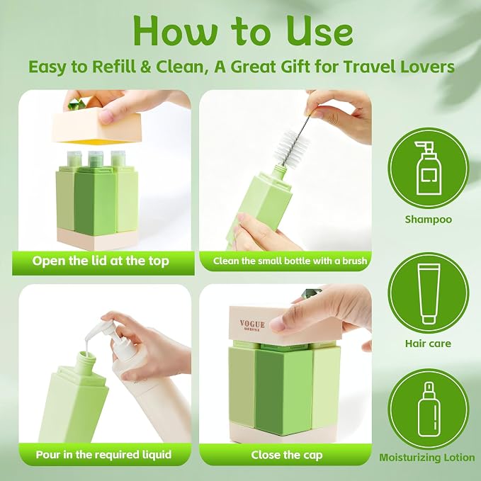 Obfuscate Travel Bottles,4 in 1 Travel Dispenser Bottle,4x30ml/1oz | A Cleaning Brush,refillable leak proof travel containers for Shampoo Conditioner,travel essentials for Vacation Camping & Gym - Image 6