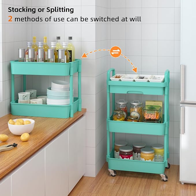 Calmootey 3-Tier Utility Cart with Drawer & Wheels, Storage for Home,Office | Space-Saving Organizer, Sturdy Plastic Shelves, Smooth-Rolling Metal Wheels, Built-in Drawer for Small Items, Green - Image 7