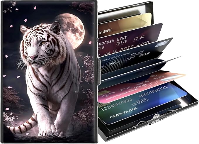 Metal Wallet,Credit Card Holder for Women,Slim RFID Blocking Credit Card Holder Thin Aluminum Wallet ID Case,6 Slot Business Mini Hard Metal Case for Women/Men,White Tiger Moon by Unknown