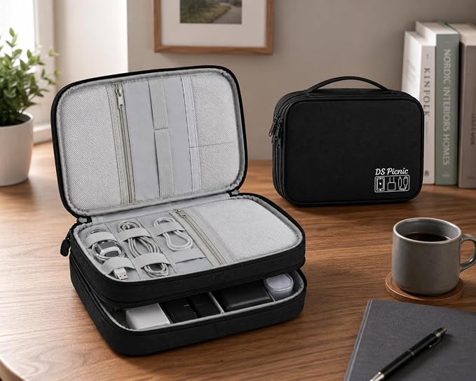 Electronic Organizer Travel Essentials Case, Waterproof Double Layer Cable Storage Pouch Bag for Charger, USB Cords, Power Bank, Phone Mouse SD Card Earphone Camera, Tablet (Up to 11 inch) - Image 17