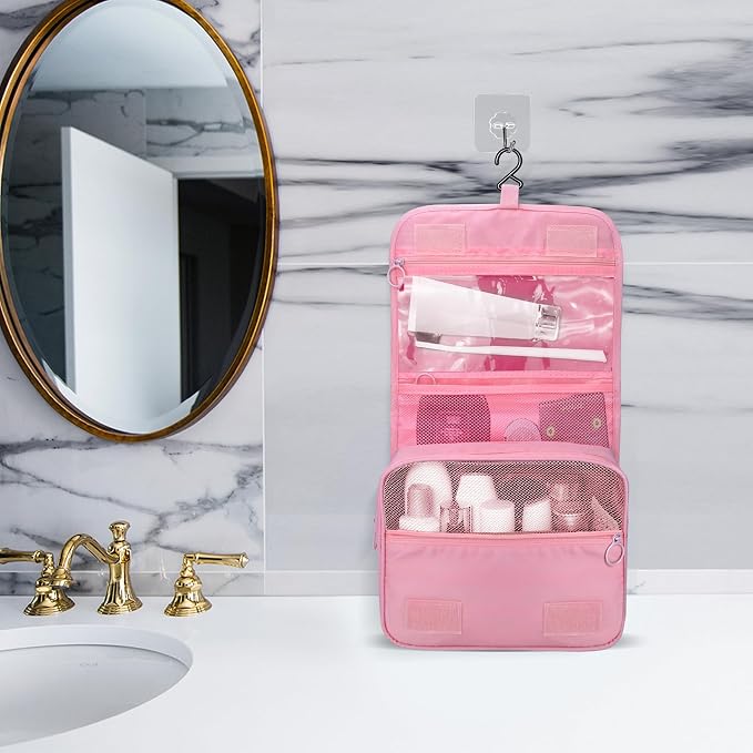 Lcsmaokin Large Capacity Toiletry Bag Travel Bag with Hanging Hook for Men and Women Waterproof Travel Cosmetic Bag Bathroom Storage Bag for Brushes Set, Full-Sized Shampoo,Accessories(Pink) - Image 7