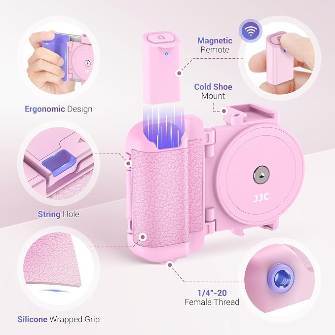 Phone Camera Grip Smartphone Photography Shooting Clip with Tripod Mount & Detachable Wireless Shutter Remote Control, Phone Selfie Grip Handle Stand for iPhone Samsung Android Phone Vlog Video Pink - Image 5