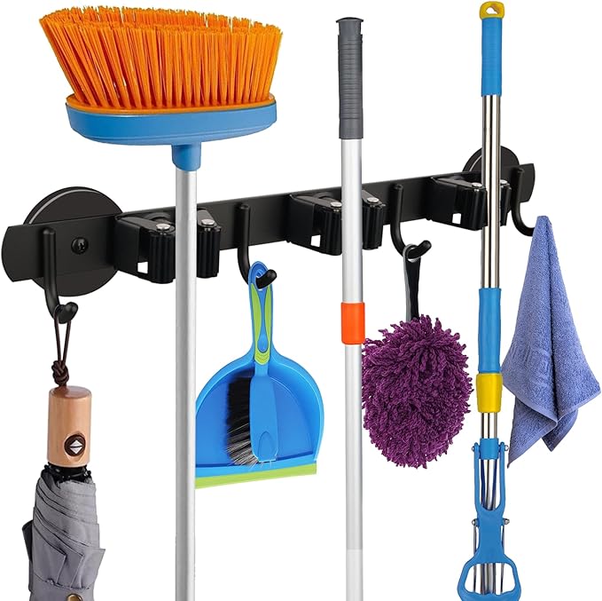MUTUACTOR Magnetic Broom Holder,Anti-slip Heavy Duty Broom and Mop Hanger Metal Tool Holder 3 Racks and 4 Hooks for Laundry Garage Kitchen Factories Workshops Organization and Storage(1 Set) by MUTUACTOR