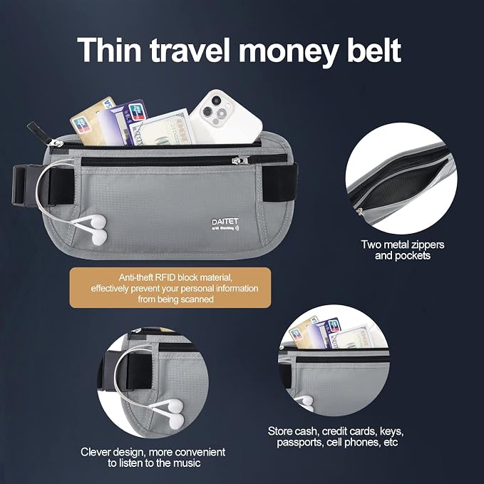 RFID Blocking Money Belt for Men Women, Slim Fanny Pack For Travel，Running,Conceal Waist Wallet For Passport Holder,Phone,Cash(Black Light Grey) - Image 2