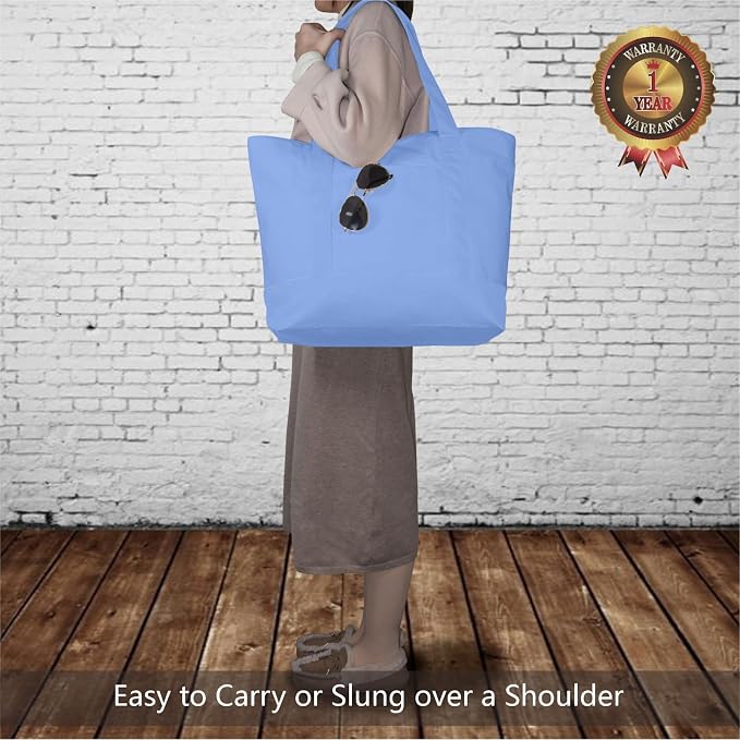TOPDesign 3-Pack Canvas Tote Bags with an External Pocket, Reusable Grocery Shopping Bags, Top Zipper Closure, Daily Essentials (Light Blue) - Image 2