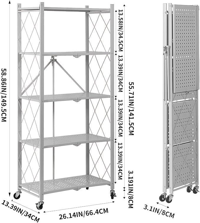 BRIAN & DANY 5-Tier Foldable Storage Shelves with Wheels, Folding Metal Rack Shelving Unit, Heavy Duty No Assembly Organizer Shelf for Garage, Kitchen, Basement, Pantry, Gray - Image 3