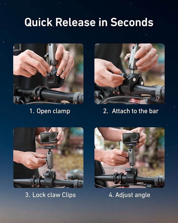 TELESIN Super Clamp Mount | Bike Mount for DJI Osmo Pocket 4 3 /DJI Osmo Action 6/Action 5 Pro/Action 4| Dual-Lock Magnetic Clips | 360°Rotation Ball Head | Fits 9-38mm Handlebar for Bike/Motorcycle - Image 6