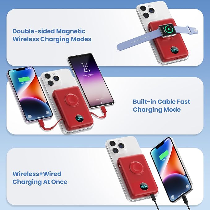 Magnetic Portable Charger 10800mAh with Built-in Cables,Wireless Power Bank for Magsafe,25W PD Fast Charging USB-C Travel Essentials Battery Pack for iPhone 17/16/15/14/13/12 Series,Apple Watch-Red - Image 3