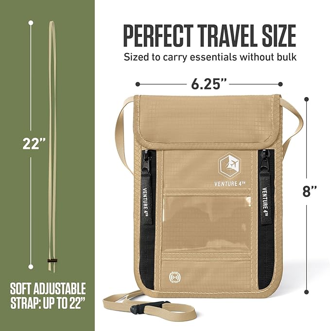 VENTURE 4TH Travel Neck Wallet, RFID Blocking Passport Holder - Beige - Image 3