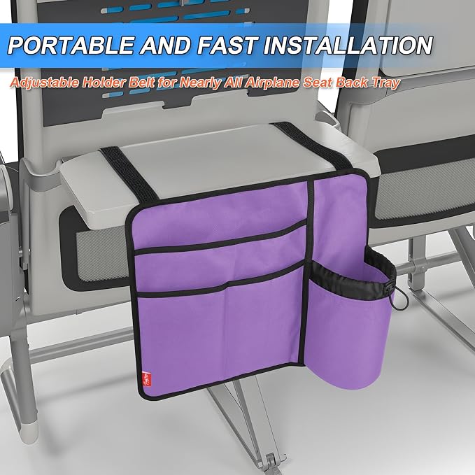 Airplane Seat Back Organizer & Storage, Airplane Tray Table Cover for Personal Items, Airline Seat Hanging Pockets Media Pouch,Reusable Travel Essentials,Fits Tablets,Cell Phone,Water Bottle (Purple) - Image 2