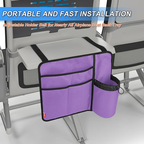 Airplane Seat Back Organizer & Storage, Airplane Tray Table Cover for Personal Items, Airline Seat Hanging Pockets Media Pouch,Reusable Travel Essentials,Fits Tablets,Cell Phone,Water Bottle (Purple) - Image 2