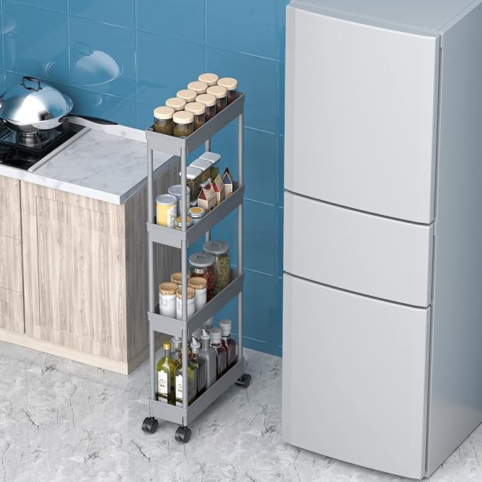 Sooyee 4 Tier Slim Storage Cart,Rolling Storage Cart,Narrow Shelf,Bathroom Rack,Mobile Shelving Unit Organizer for Kitchen, Bathroom, Laundry Room, Grey - Image 4