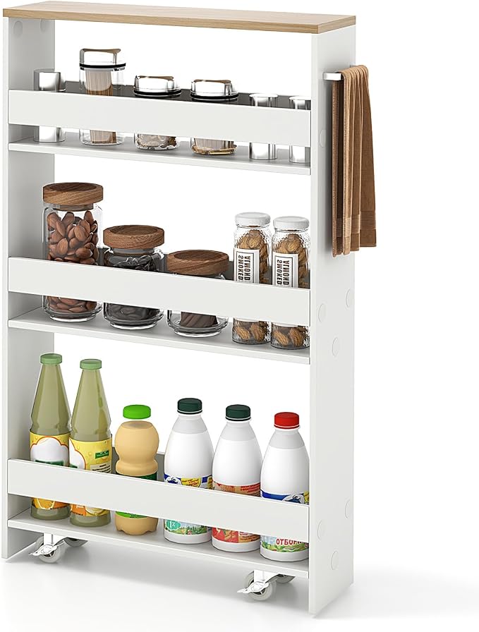 COSTWAY Slim 4-Tier Rolling Utility Cart, Wooden Shelving Unit with Handle & Wheels, Ideal for Small Spaces by COSTWAY