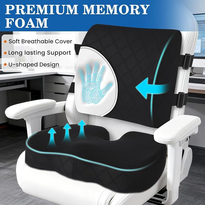 Back&Seat Cushion, Chair Cushions, Lumbar Back Support Pillow, Black/Large | Breathable Memory Foam Back Support Pillow, Portable Airplane Seat Cushion for Travel, Computer Desk, Wheelchair, Driving - Image 3