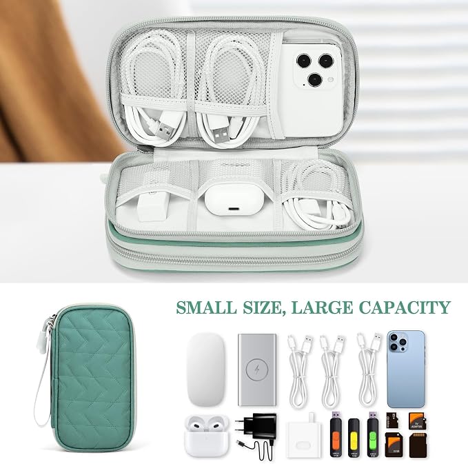FYY Electronic Organizer, Travel Tech Pouch, Cable Organizer Green Quilted | Wrist Strap, Waterproof, Double Layers Portable Electronics Travel Carrying Case for Cord, Charger, Daily Business Trips Use - Image 6