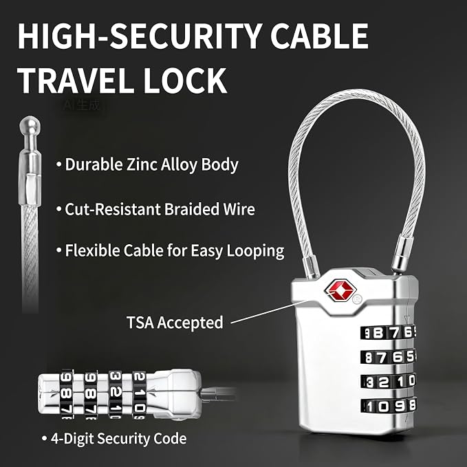 TSA Approved Locks for Luggage, 2 Pack Combination Travel Steel Cable Lock, Re-settable 4 Digit Padlocks with Inspection Indicator, Alloy Body Keyless Padlock for Lockers, Backpacks, Bags - Silver - Image 6