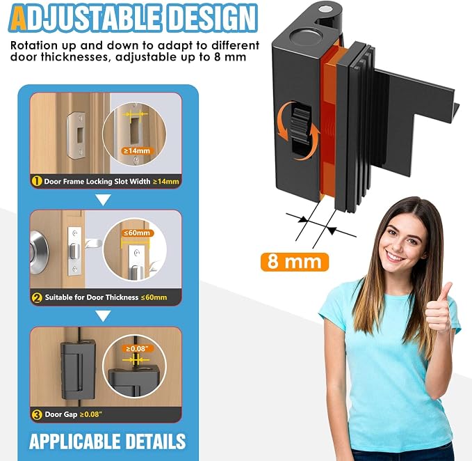 Upgraded Portable Door Lock for Travel & Home - No Drill Anti-Kick Door Reinforcement Lock with 800lbs Strength, Fits Inward Swing Doors（Black） - Image 2
