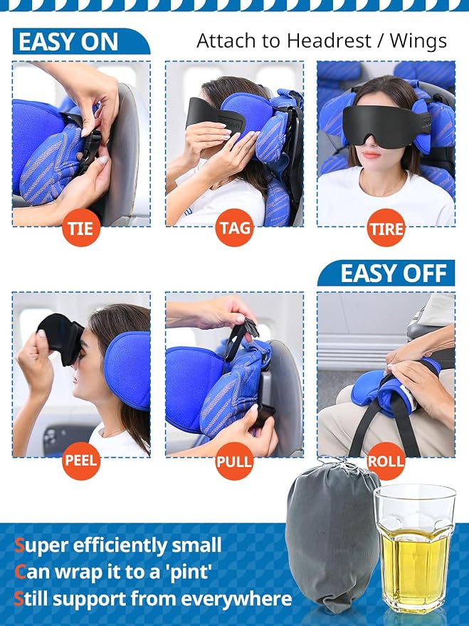 SARISUN Travel Pillows for Airplanes, Stable Head Support, Travel Essential | Airplane Pillow with Eye Mask, Seat Strap Secures to Headrest, for Stop Bobblehead, for Long Flight Road Trip, Stripe Black - Image 6