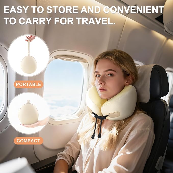 Travel Essentials,Travel Neck Pillow for Airplanes Sleeping,Neck Support Pillow,Portable Oldable Memory Foam(Ivory White) - Image 7
