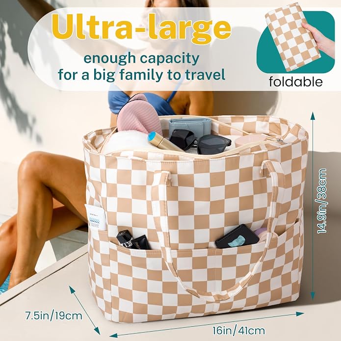 Iioscre Beach Bag for Women, Causal Hobo Handbags with Zipper Inner Pocket | Foldable Swim Tote Bag for Beach Vacation Essentials - Image 4