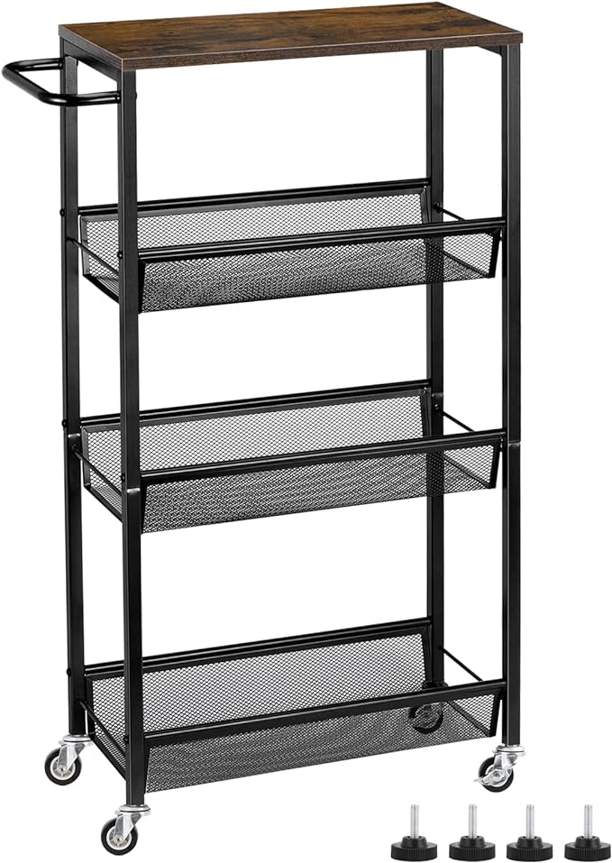 MOOACE Slim Storage Cart, 4 Tier Rolling Kitchen Shelving Unit on Wheels Mobile Narrow Cart with Wooden Tabletop for Bathroom, Laundry Narrow Places, 16.6''x 7.3''x 31.1''inch - Image 2