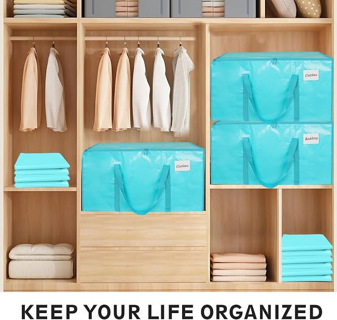8 Pack-Extra Large Heavy Duty Moving Bags - Waterproof Storage Totes with Handles & Zippers, Foldable for College Dorm, Storage (lake blue) - Image 5