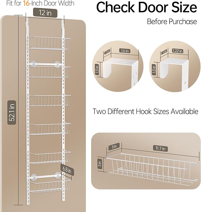 Delamu Pantry Door Organizer, Adjustable Metal Over the Door Pantry Organizer Rack, 6-Tier Over the Door Spice Rack, Kitchen Pantry Door Organizers and Storage, D5 W12 H52.1 inch, White, Small - Image 6