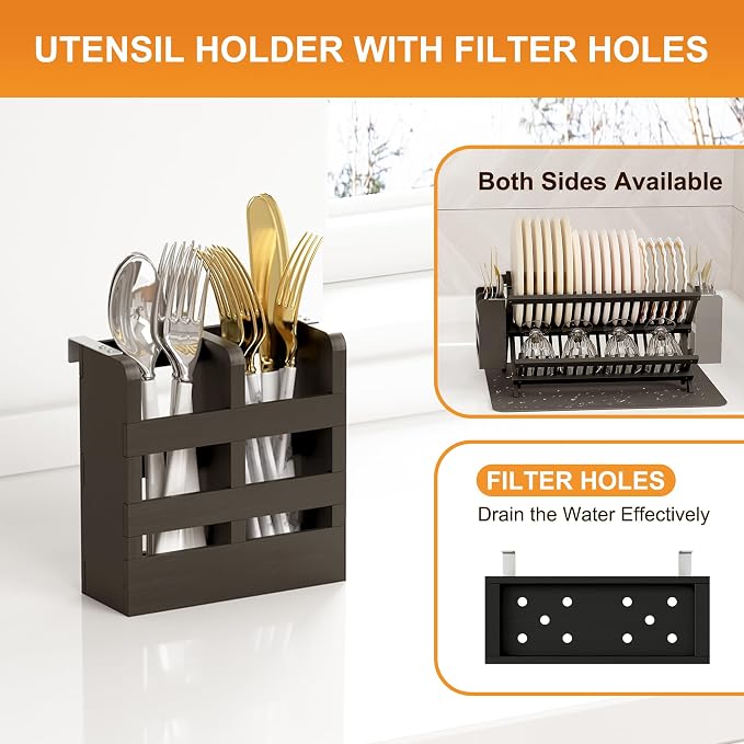Greenual Black Bamboo Dish Drying Rack with Utensil Holder, 2 Tier Collapsible Dish Rack, Wooden Dish Racks for Kitchen Counter, Folding Drying Holder with Absorbent Dish Drying Mat - Image 3