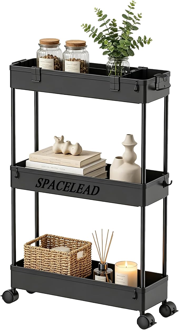Slim Storage Cart 3 Tier,Bathroom Organizer Rolling Utility,Mobile Shelving Unit Slide Out for Office, Kitchen, Laundry Room & Narrow Places,Black by Home