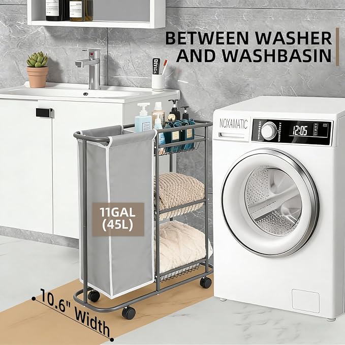 Rolling Laundry Sorter with 3 Storage Baskets and 45 L Bag | 3-Tier Laundry Caddy, Between Washer and Dryer, With Wheels and Handle, For Narrow Space Bathroom Apartment Dorm - Image 4