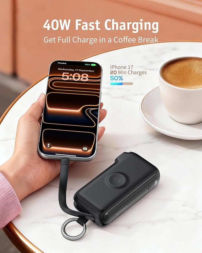 RORRY Flow Portable Charger 10000mAh 40W Wall Plug Power Bank Battery Pack | Built-in USB-C Cable, Keychain Design, Fast Charging, for iPhone 17/16/15, Apple Watch, iPad, 3-in-1, Travel Essential - Image 4
