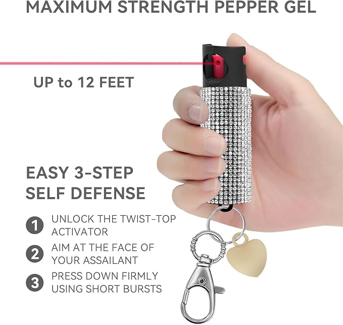 3-in-1 Personal Safety Alarm & Door Handle Alarm & Pepper Spray Combo for Women, Max Strength Pepper Gel & Jeweled Monochromatic Design, 130dB Siren & Door Stop Alarm & Led Flashlight, Rechargeable - Image 2