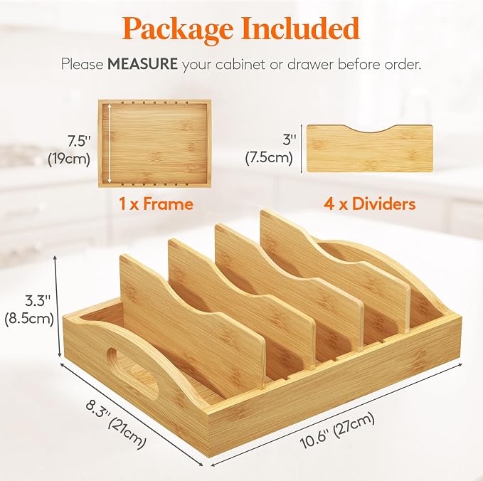 Lifewit Bamboo Lid Organizers for Inside Cabinet with 5 Sections | Food Container Lid Holder with 4 Adjustable Inserts, Kitchen Pantry organizer and storage, 10.6" X 8.3", Natural - Image 2