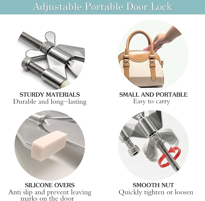 ELEMGULY Portable Door Lock, Adjustable Security Door Lock with Protective Silicone Caps for Home, Travel, Hotels, Apartments to Enhance Safety, Silver - Image 7
