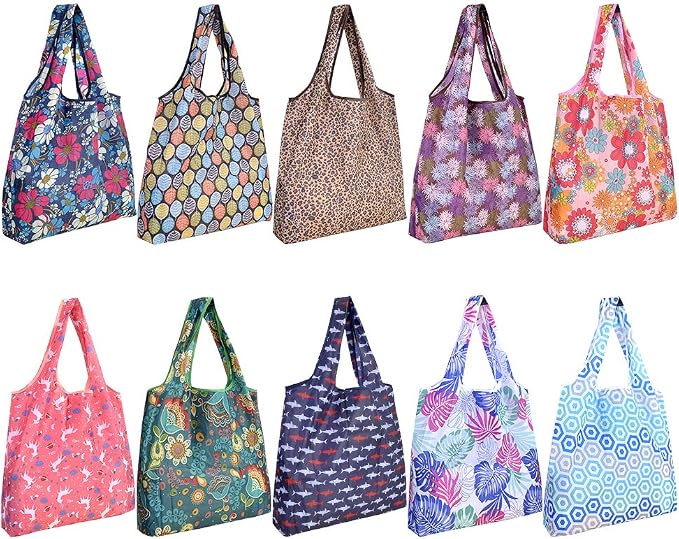 Reusable Grocery Shopping Bags 6|10 Pack, Foldable Tote Bags, Machine Washable Nylon Shopping Totes for Groceries by SZUAH