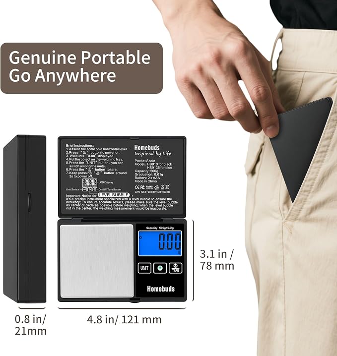 Homebuds 500g Digital Gram Scale High Precision in 0.01g with Level Bubble, Assured by Food Scale Professional Factory Since 2001, Pocket Scale for Lab, Kitchen, Coffee, Jewelry; 2*AAA, Black - Image 4