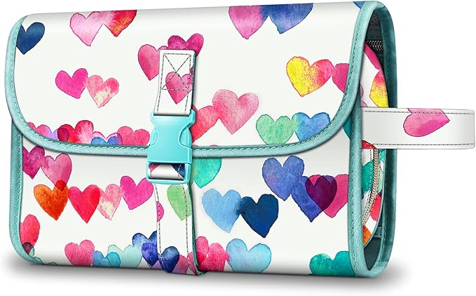 FINTIE Portable Toiletry Cosmetic Travel Bag Hanging Makeup Organizer | Large Water Resistant Storage Pouch Case, For Women Girls, Raining Hearts by Fintie