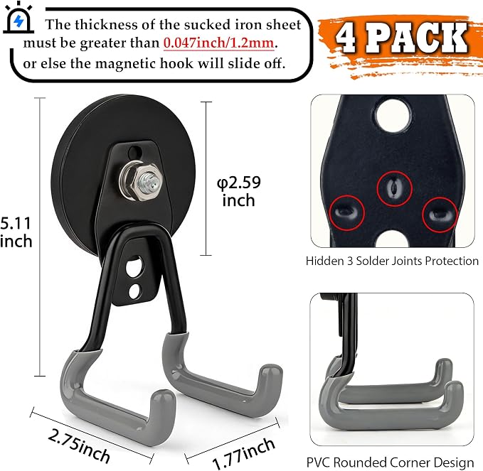 ULIBERMAGNET Upgraded Heavy Duty Magnetic Hooks,4 Pack Strong Large Magnet Hook for Power Drill,Garden Tools,Hose,Pegboard,Garage,Workshop,Magnetic Storage Hooks for Indoor Outdoor Hanging(Gray) - Image 2