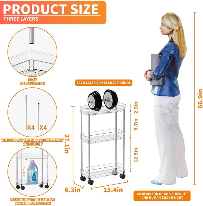 Clear 3 Tier Slim Rolling Storage Cart with Wheels,6.3″W Thin Shelf,Bathroom Storage Cabinet,Skinny Laundry Cart,Narrow Laundry Room Cart Between Washer and Dryer,Skinny Shelves for Small Space - Image 3