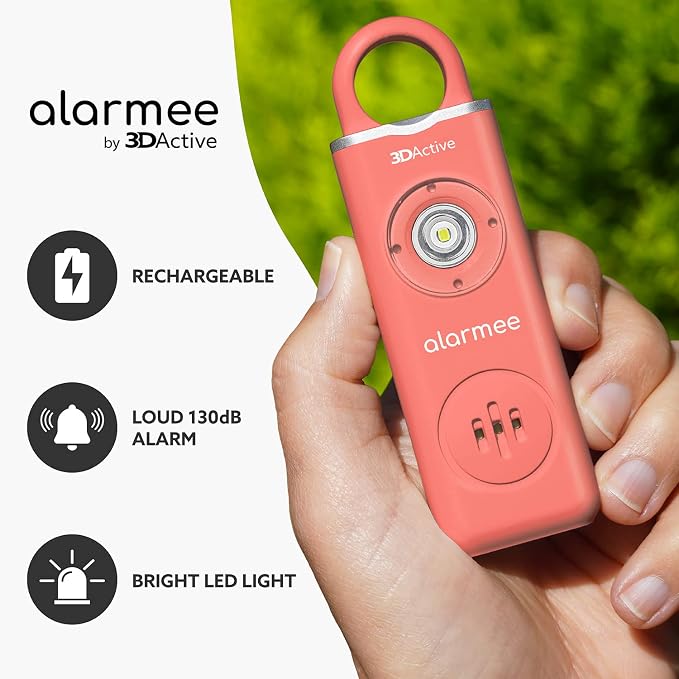 3DActive Alarmee Personal Safety Alarm for Women Kids Teens & Seniors 130dB Loud Emergency Alarm Rechargeable Self Defense Device with LED Light Portable Keychain for Travel & Night Safety - Coral - Image 2