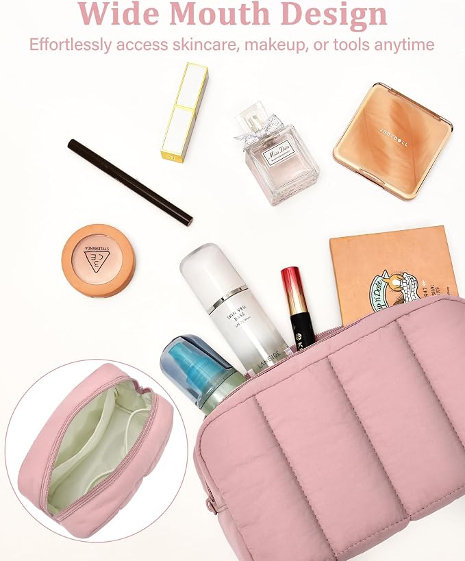 2 Pcs Makeup Bag Travel Toiletry Bag for Women Puffy Padded Cosmetic Pouch Purse Wide-open Makeup Organizer Case Travel Essentials - Image 5