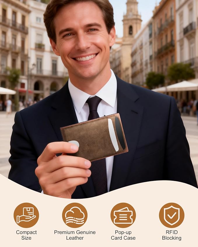 Wallet for Men: Pop Up Card Case, RFID Blocking, Slim, Minimalist, Genuine Leather, Front Pocket, Smart, Thin, Compact, Magnetic Flap Closure - 2 ID Windows, Up to 12 Cards & 15 Bills (Brown) - Image 2