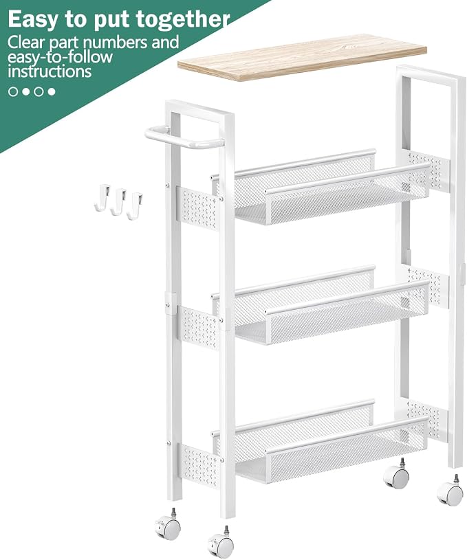 Vivihomety 4-Tier Slim Utility Rolling Laundry Cart with Wheels, Metal | Narrow 7.1" wide, Lockable wheels, wood top panel, metal frame, with handle, for laundry, bathroom, kitchen, white - Image 8