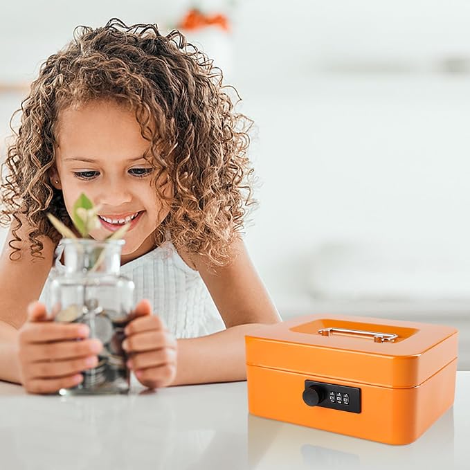 Cash Box with Money Tray and Combination Lock Metal Money Box Change Lock Box for Money 7.87" x 6.3" x 3.54" Orange - Image 2