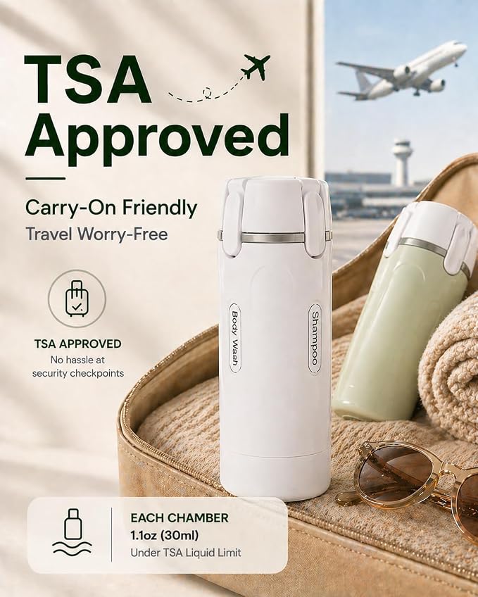 4 in 1 Travel Dispenser Bottle, TSA Approved Leak Proof Refillable Toiletry Containers for Shampoo, Conditioner, Lotion & Skincare – Easy Clean Travel Bottles for Gym, Business - Image 4