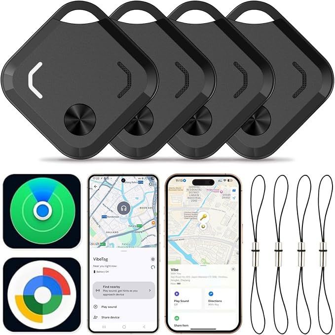Reyke Dual-System Bluetooth Tracker Tags for Android & iOS, 4 Pack | Works with Apple Find My or Google Find Hub, Dual-System Bluetooth Item Finder for Keys, Luggage, Backpacks and Wallets by Reyke
